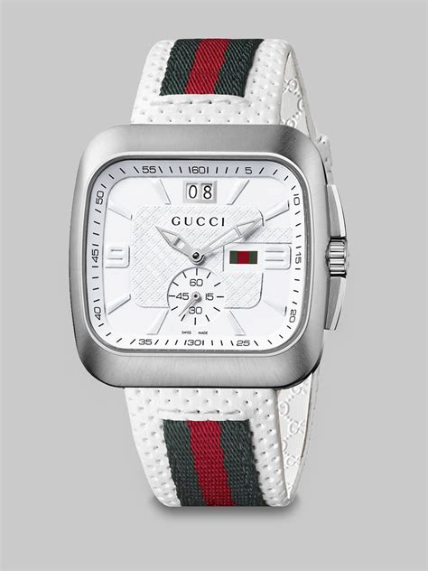 gucci watch white leather band|Gucci watch with interchangeable bands.